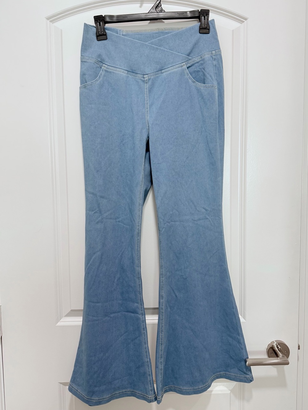 Halara Flex™ High Waisted Crossover Pocket Washed Flare Stretch Jeans M Petite